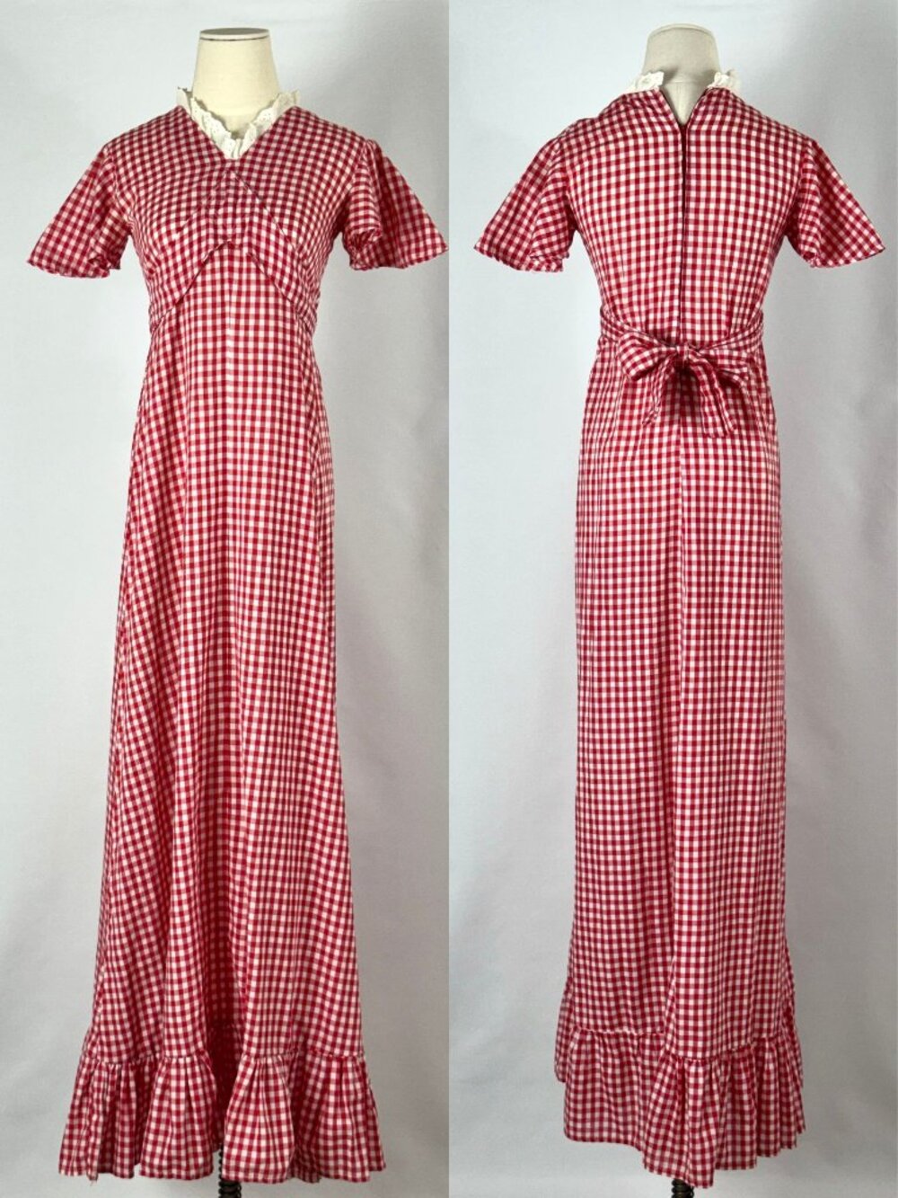 Vtg 70s Red & White Gingham Cotton Maxi Dress Lace Flutter Sleeves Tie Ruffle